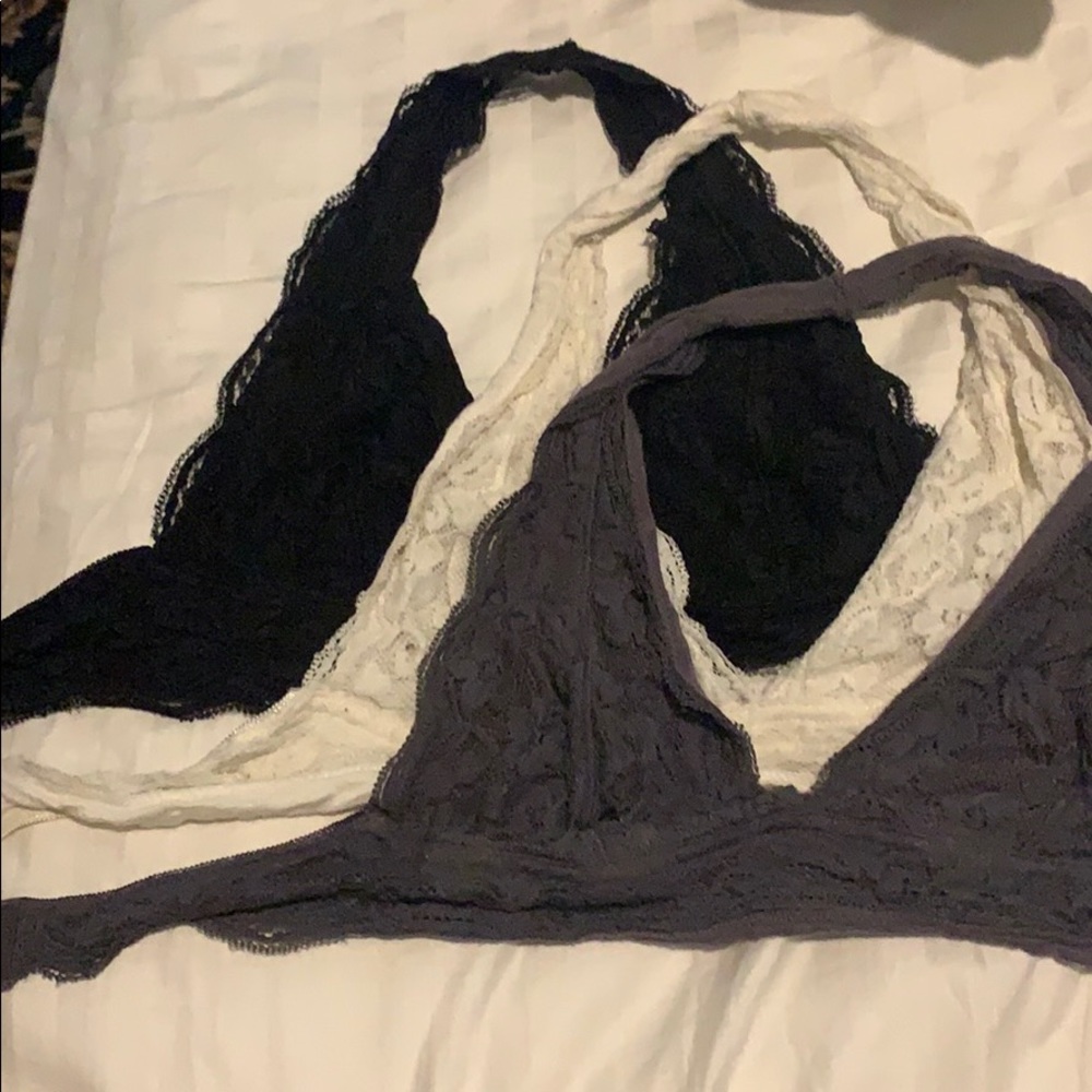 3 lace halter bralettes in black white and gray
